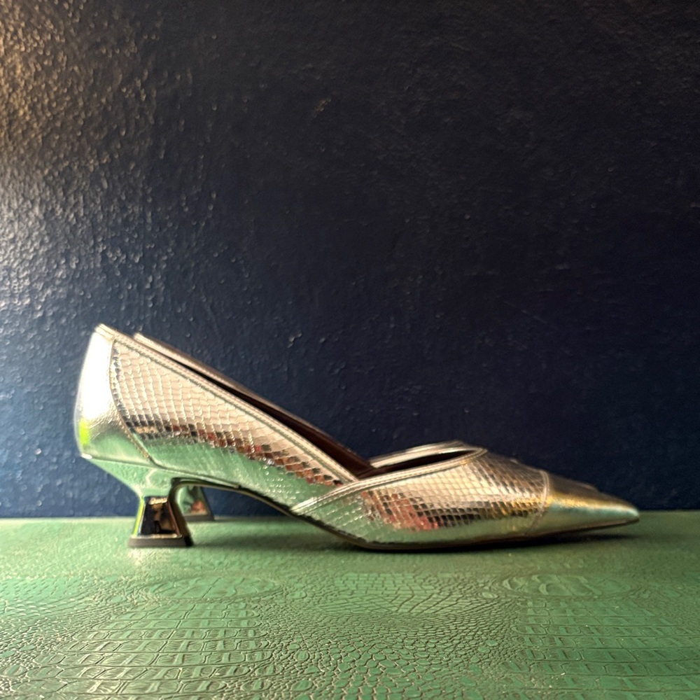 Franco Sarto aluminum snakeskin pumps with mirror kitten heel